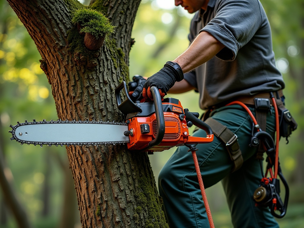 Professional tree worker using chainsaw and safety gear